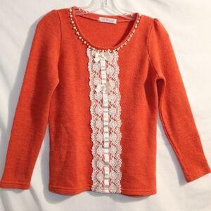 Pearl And Lace Design Sweater Orange Small.